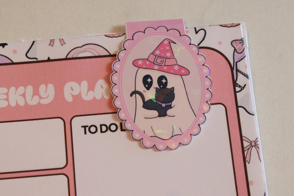 Holographic Witch Ghost & Black Cat Magnetic Bookmark | Kawaii Planner Clip