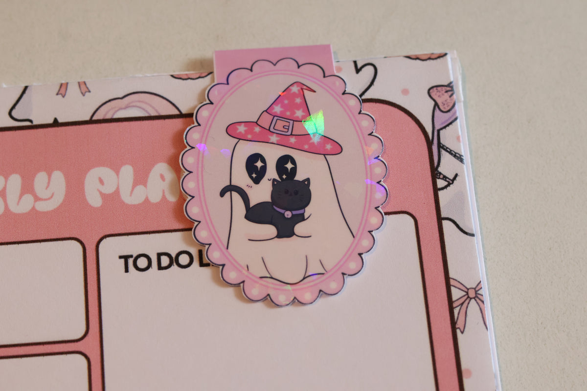 Holographic Witch Ghost & Black Cat Magnetic Bookmark | Kawaii Planner Clip