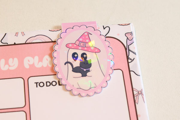 Holographic Witch Ghost & Black Cat Magnetic Bookmark | Kawaii Planner Clip