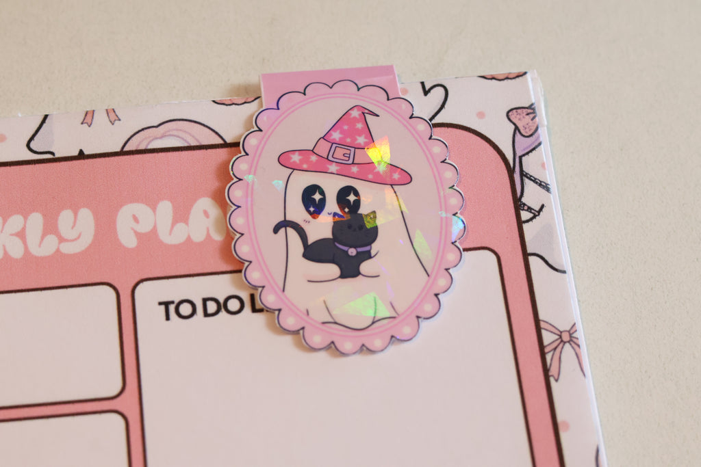 Holographic Witch Ghost & Black Cat Magnetic Bookmark | Kawaii Planner Clip
