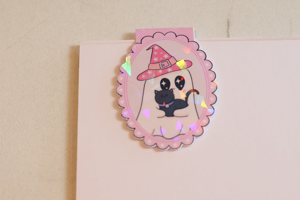 Holographic Witch Ghost & Black Cat Magnetic Bookmark | Kawaii Planner Clip