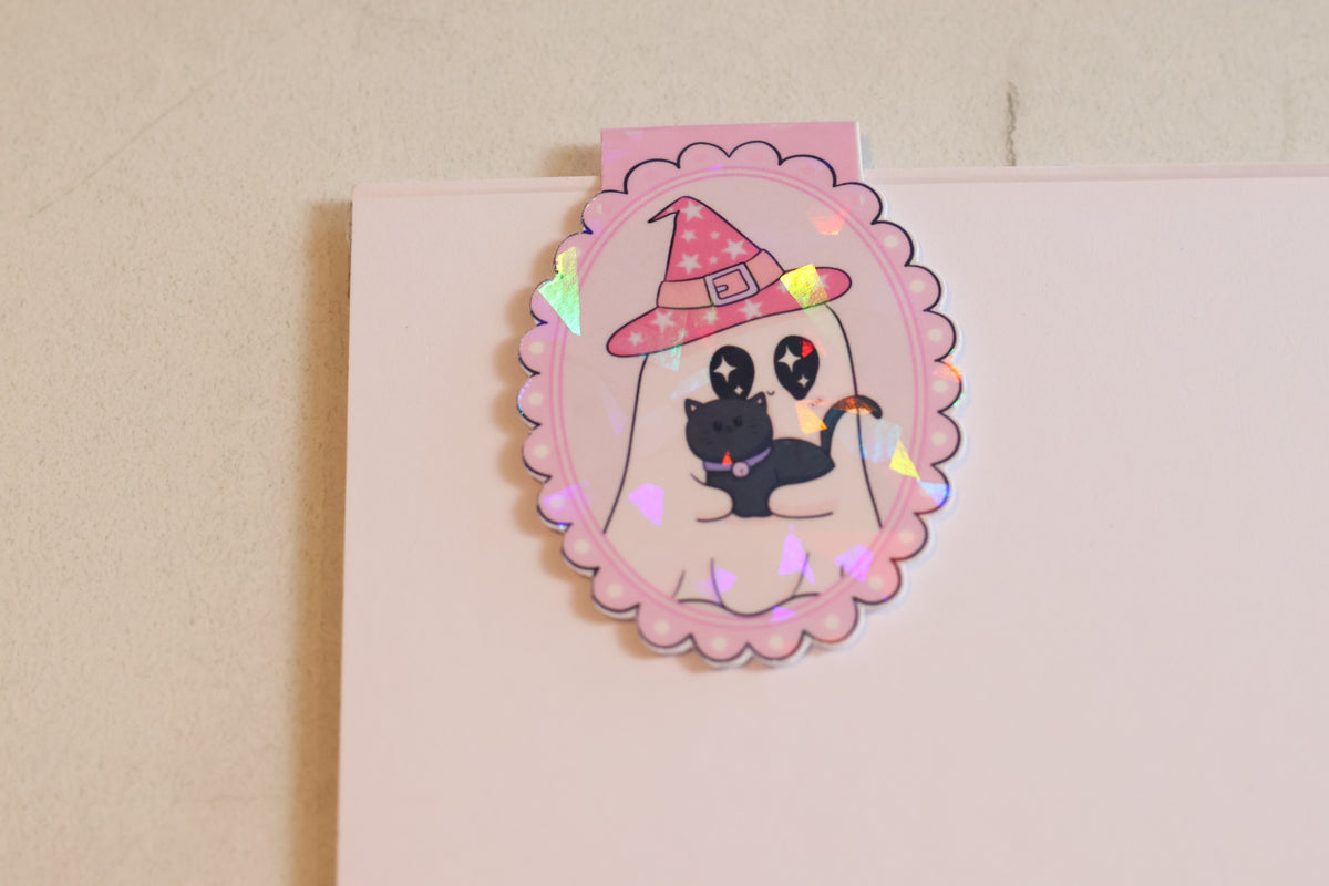 Holographic Witch Ghost & Black Cat Magnetic Bookmark | Kawaii Planner Clip
