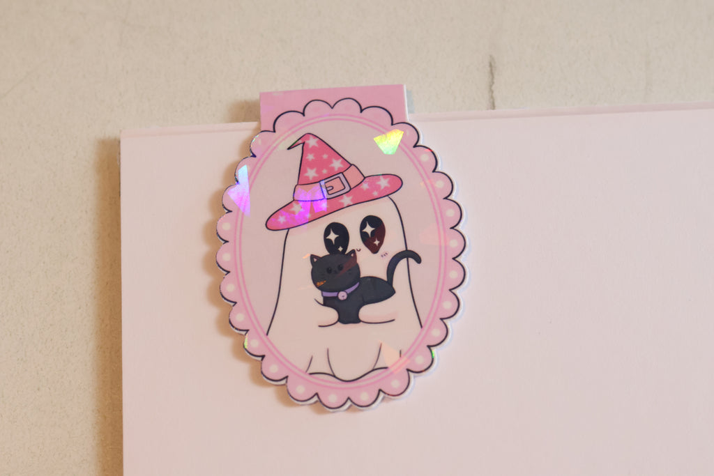 Holographic Witch Ghost & Black Cat Magnetic Bookmark | Kawaii Planner Clip