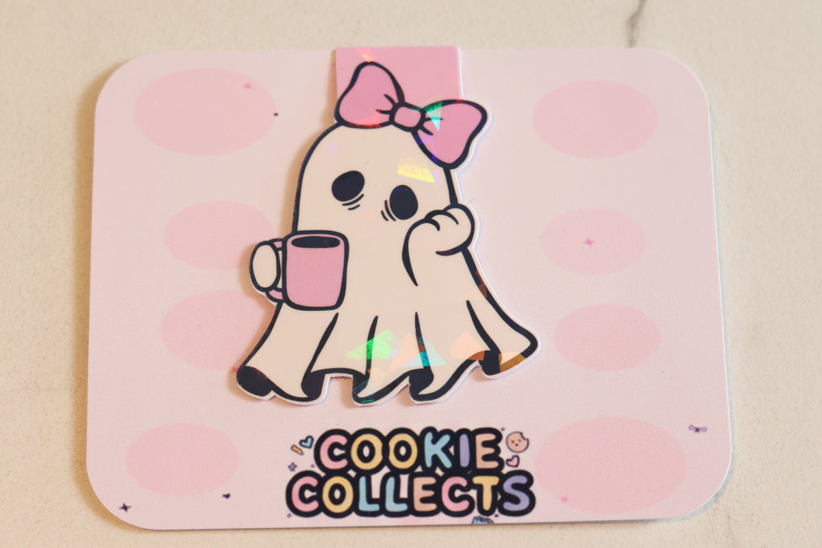 Holographic Sleepy Coffee Ghost Magnetic Bookmark | Kawaii Planner Clip
