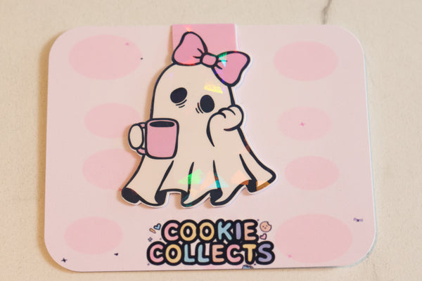 Holographic Sleepy Coffee Ghost Magnetic Bookmark | Kawaii Planner Clip