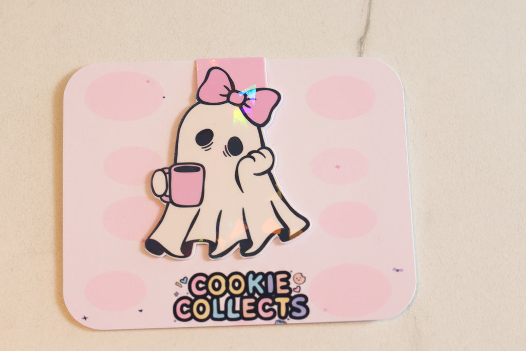 Holographic Sleepy Coffee Ghost Magnetic Bookmark | Kawaii Planner Clip