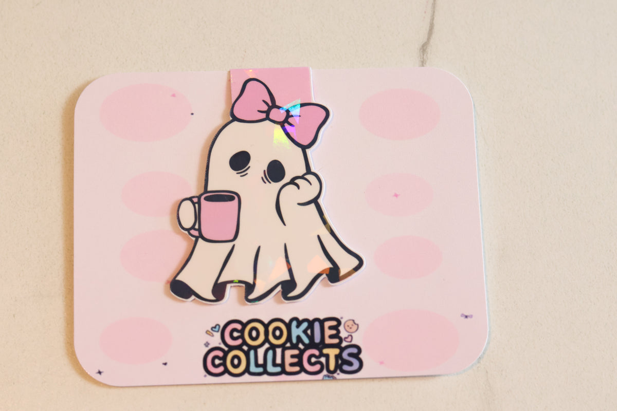 Holographic Sleepy Coffee Ghost Magnetic Bookmark | Kawaii Planner Clip