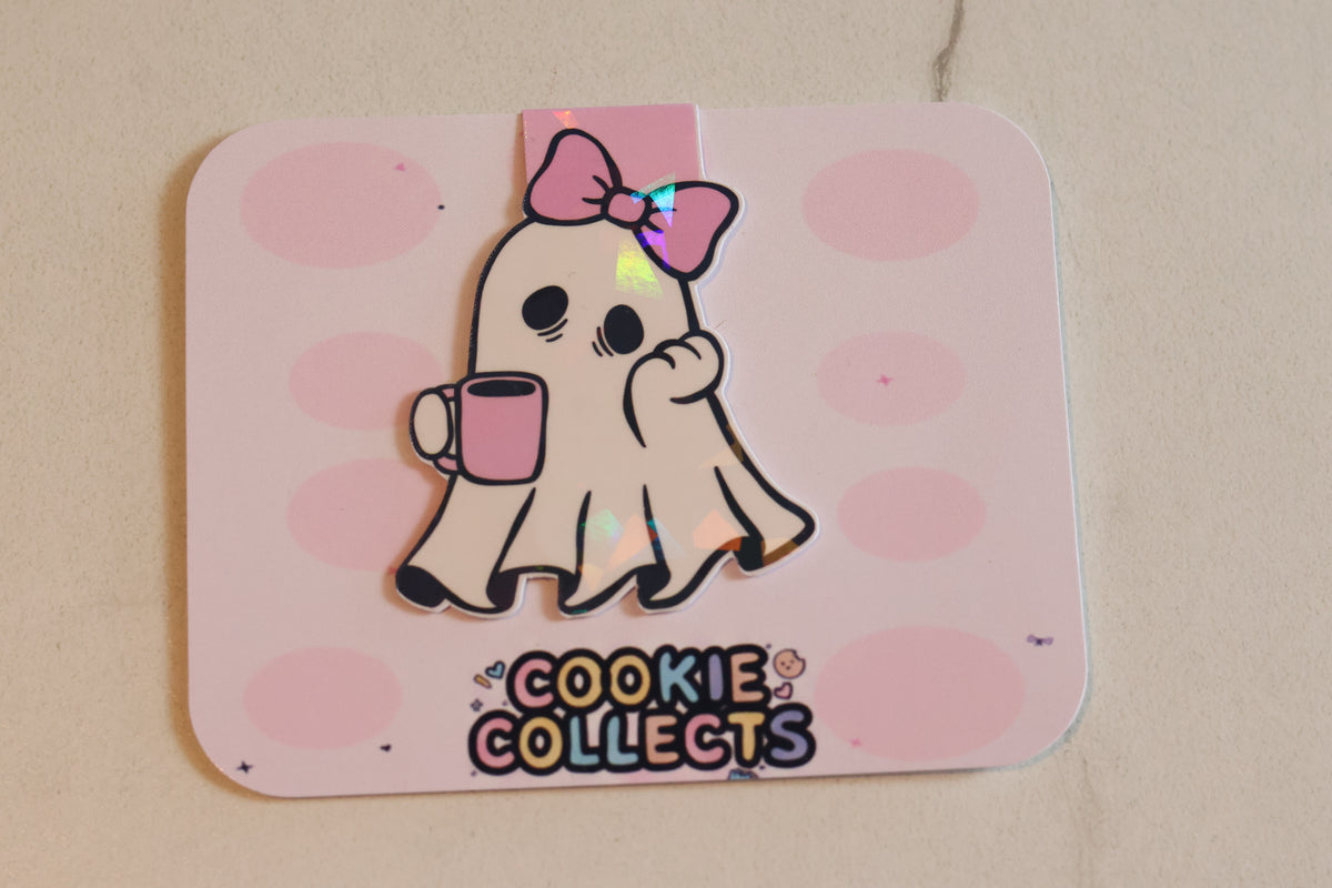 Holographic Sleepy Coffee Ghost Magnetic Bookmark | Kawaii Planner Clip