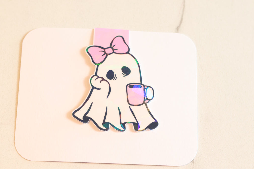 Holographic Sleepy Coffee Ghost Magnetic Bookmark | Kawaii Planner Clip