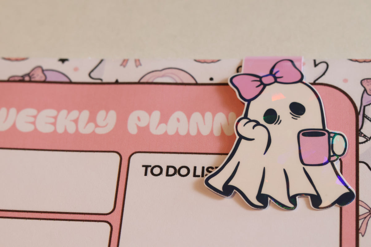 Holographic Sleepy Coffee Ghost Magnetic Bookmark | Kawaii Planner Clip