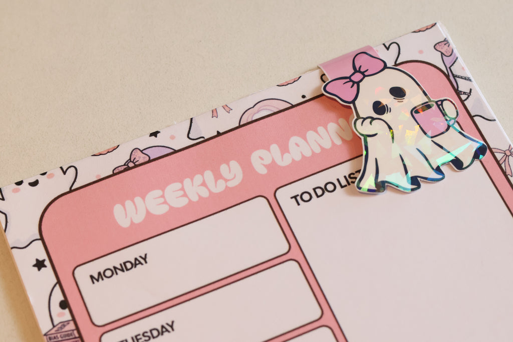 Holographic Sleepy Coffee Ghost Magnetic Bookmark | Kawaii Planner Clip