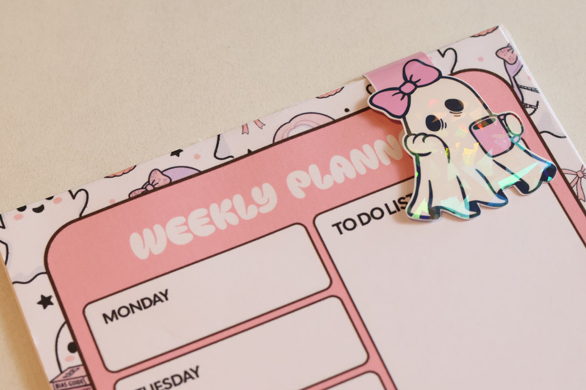 Holographic Sleepy Coffee Ghost Magnetic Bookmark | Kawaii Planner Clip