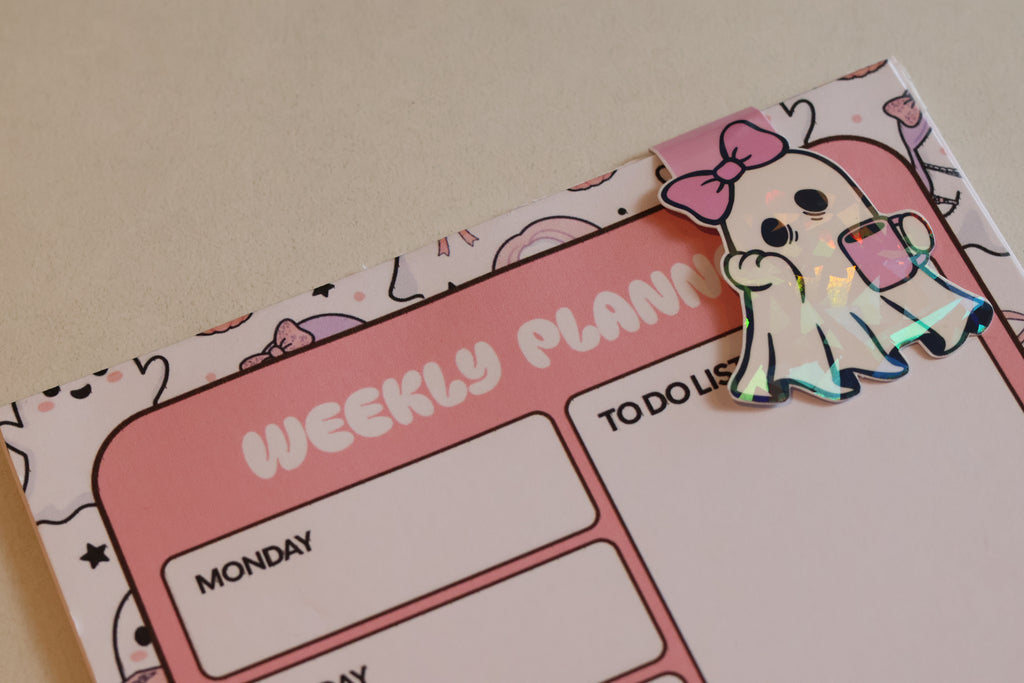 Holographic Sleepy Coffee Ghost Magnetic Bookmark | Kawaii Planner Clip