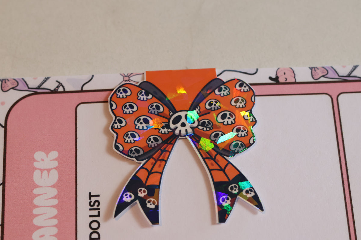 Holographic Spooky Skull Bow Magnetic Bookmark | Creepy Cute Planner Clip
