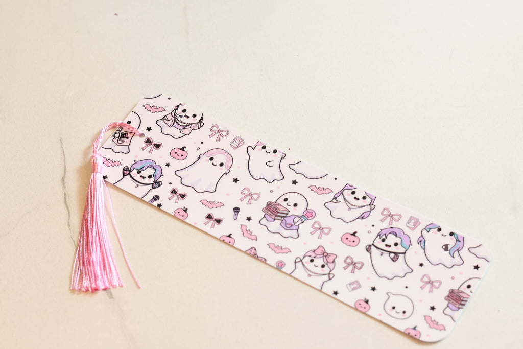 Pastel K-Pop Ghost Laminated Bookmark, Cute Kawaii Spooky Season Accessory