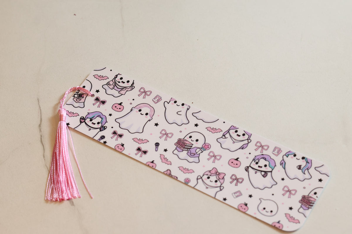 Pastel K-Pop Ghost Laminated Bookmark, Cute Kawaii Spooky Season Accessory