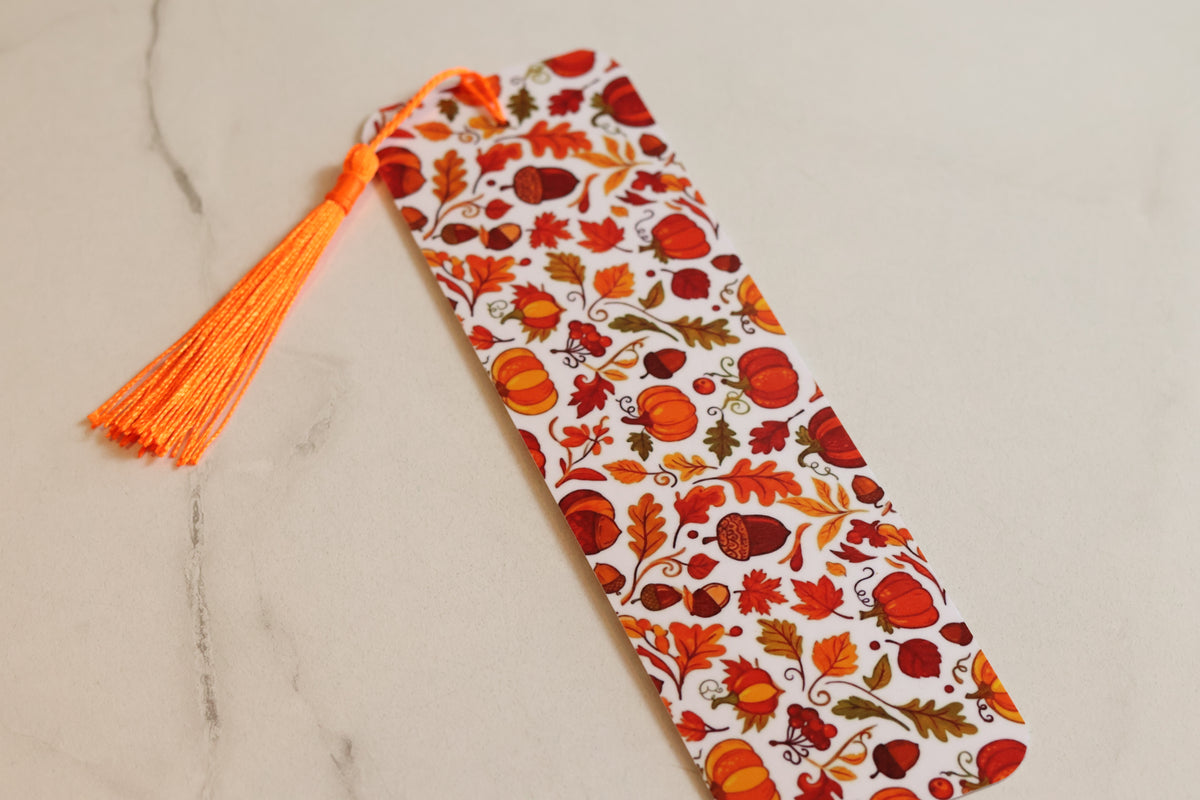 Autumn Harvest Laminated Bookmark, Cosy Fall Leaves & Pumpkin Page Saver