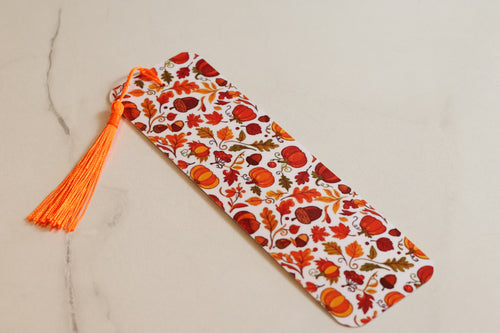 Autumn Harvest Laminated Bookmark, Cosy Fall Leaves & Pumpkin Page Saver
