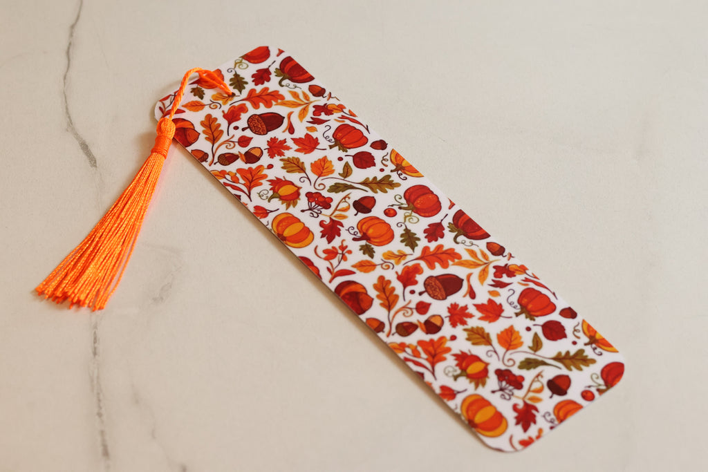 Autumn Harvest Laminated Bookmark, Cosy Fall Leaves & Pumpkin Page Saver