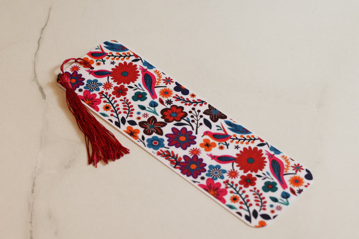 Vibrant Folk Art Floral Laminated Bookmark, Colourful Tasselled Accessory