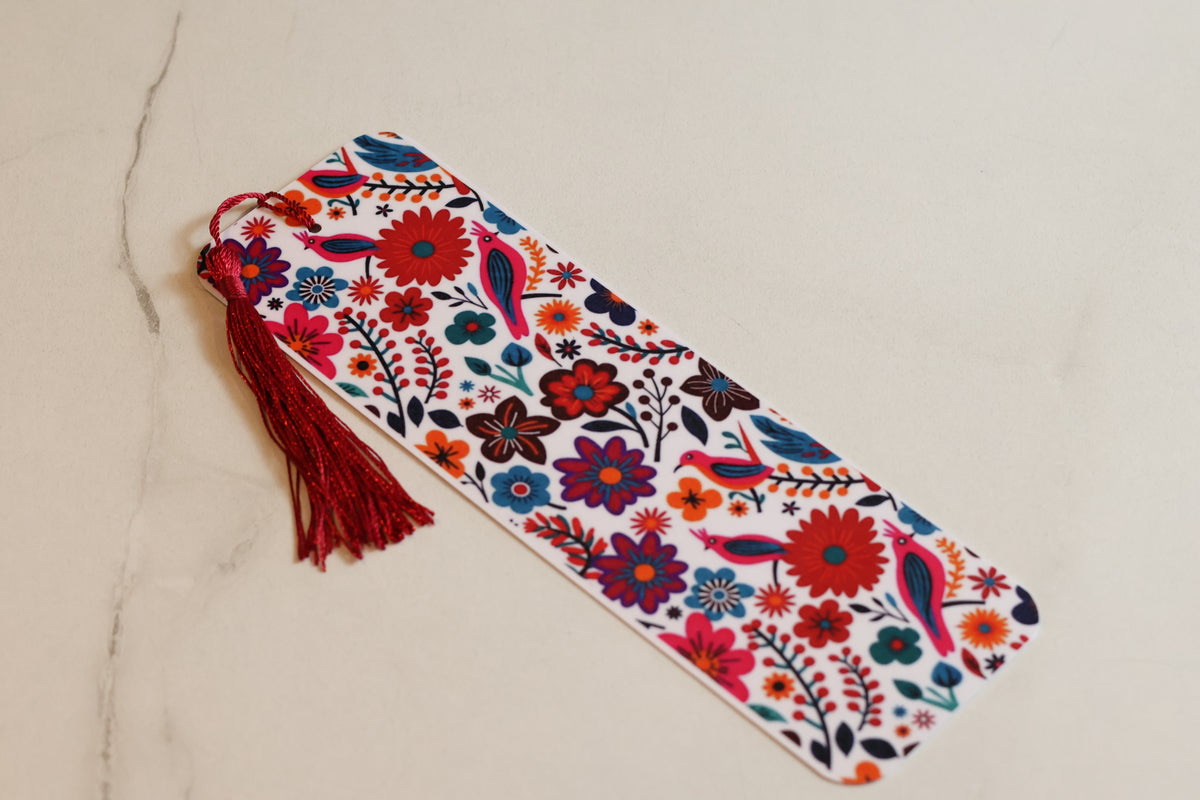 Vibrant Folk Art Floral Laminated Bookmark, Colourful Tasselled Accessory