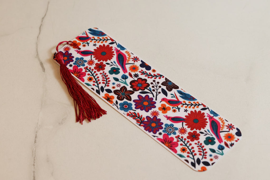 Vibrant Folk Art Floral Laminated Bookmark, Colourful Tasselled Accessory