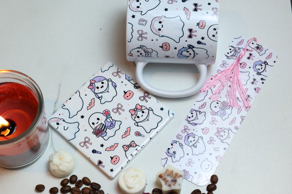 K-Pop Reading Kit | Pastel Ghostie Mug, Coaster & Laminated Bookmark Set