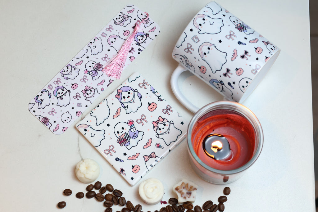 K-Pop Reading Kit | Pastel Ghostie Mug, Coaster & Laminated Bookmark Set