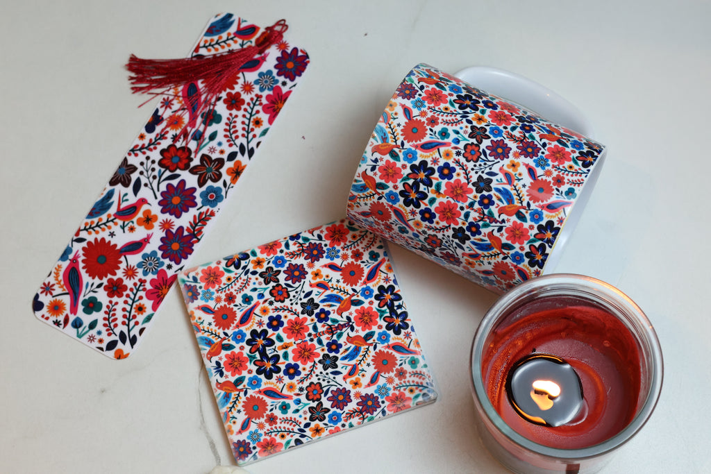 Secret Garden Reading Kit | Folk Art Floral Mug, Coaster & Laminated Bookmark Set