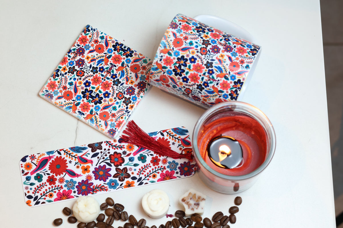 Secret Garden Reading Kit | Folk Art Floral Mug, Coaster & Laminated Bookmark Set