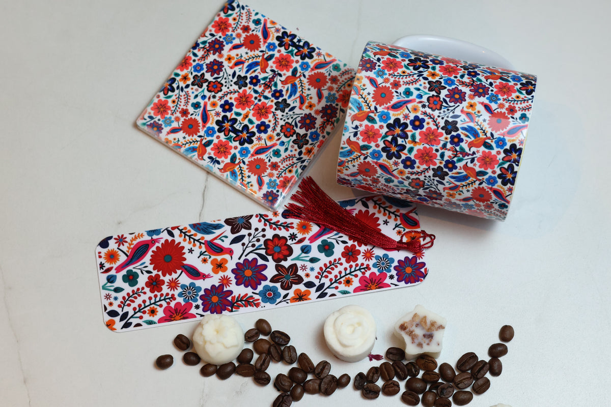 Secret Garden Reading Kit | Folk Art Floral Mug, Coaster & Laminated Bookmark Set