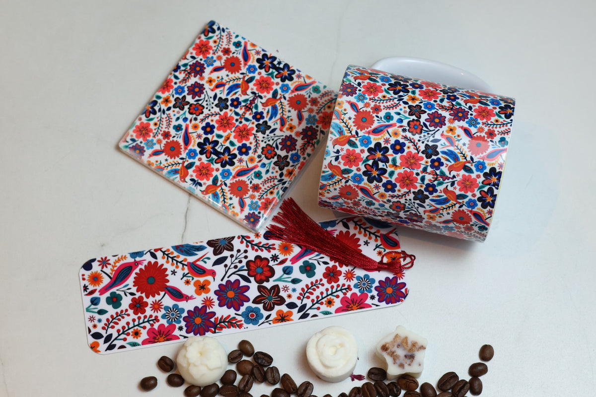 Secret Garden Reading Kit | Folk Art Floral Mug, Coaster & Laminated Bookmark Set