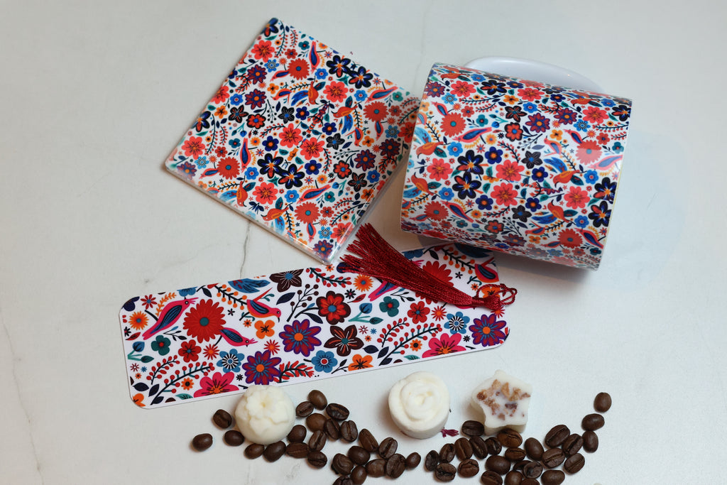 Secret Garden Reading Kit | Folk Art Floral Mug, Coaster & Laminated Bookmark Set
