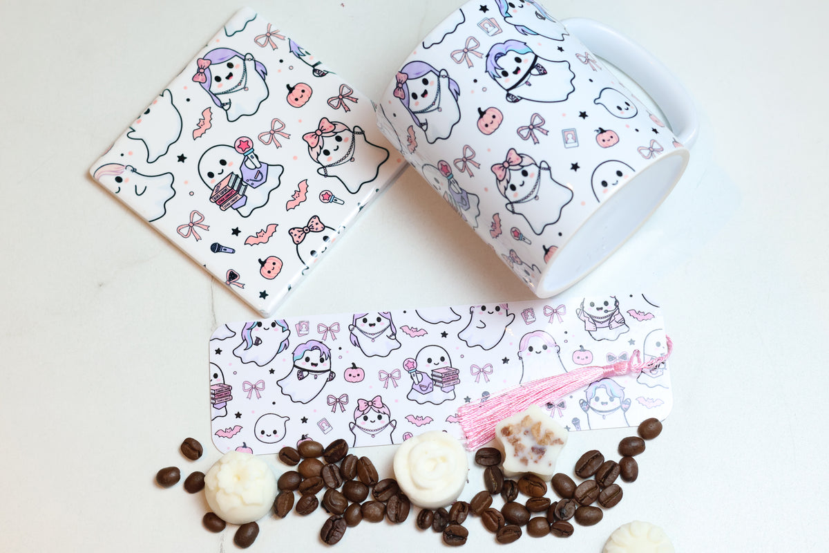 K-Pop Reading Kit | Pastel Ghostie Mug, Coaster & Laminated Bookmark Set