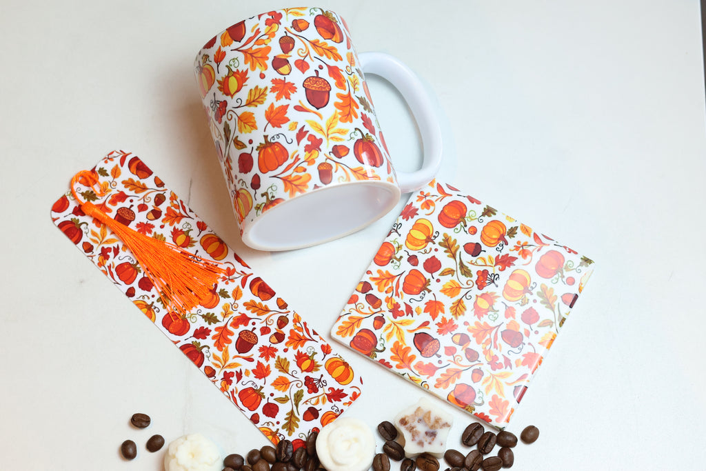 The Autumn Pages Cosy Kit | 12oz Mug, Coaster & Laminated Bookmark Set