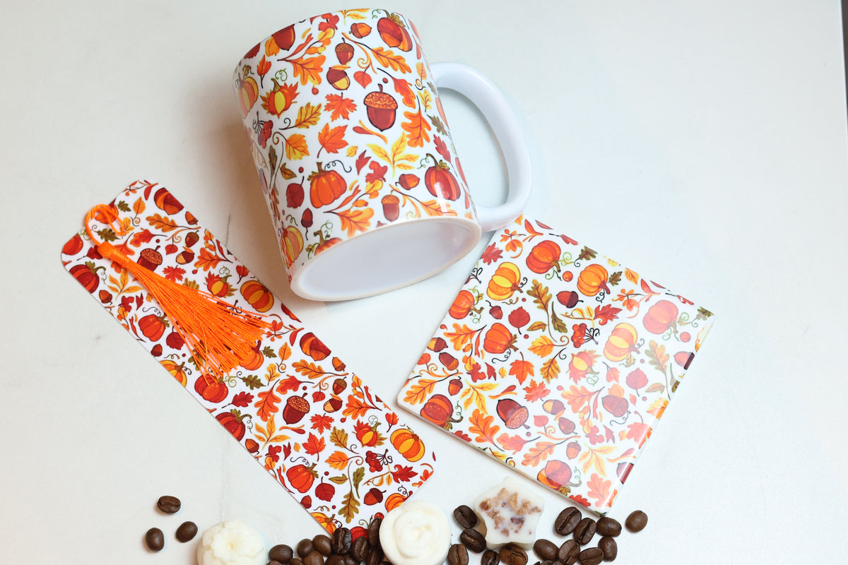 The Autumn Pages Cosy Kit | 12oz Mug, Coaster & Laminated Bookmark Set