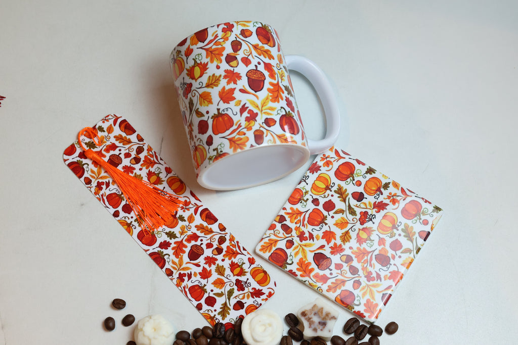 The Autumn Pages Cosy Kit | 12oz Mug, Coaster & Laminated Bookmark Set