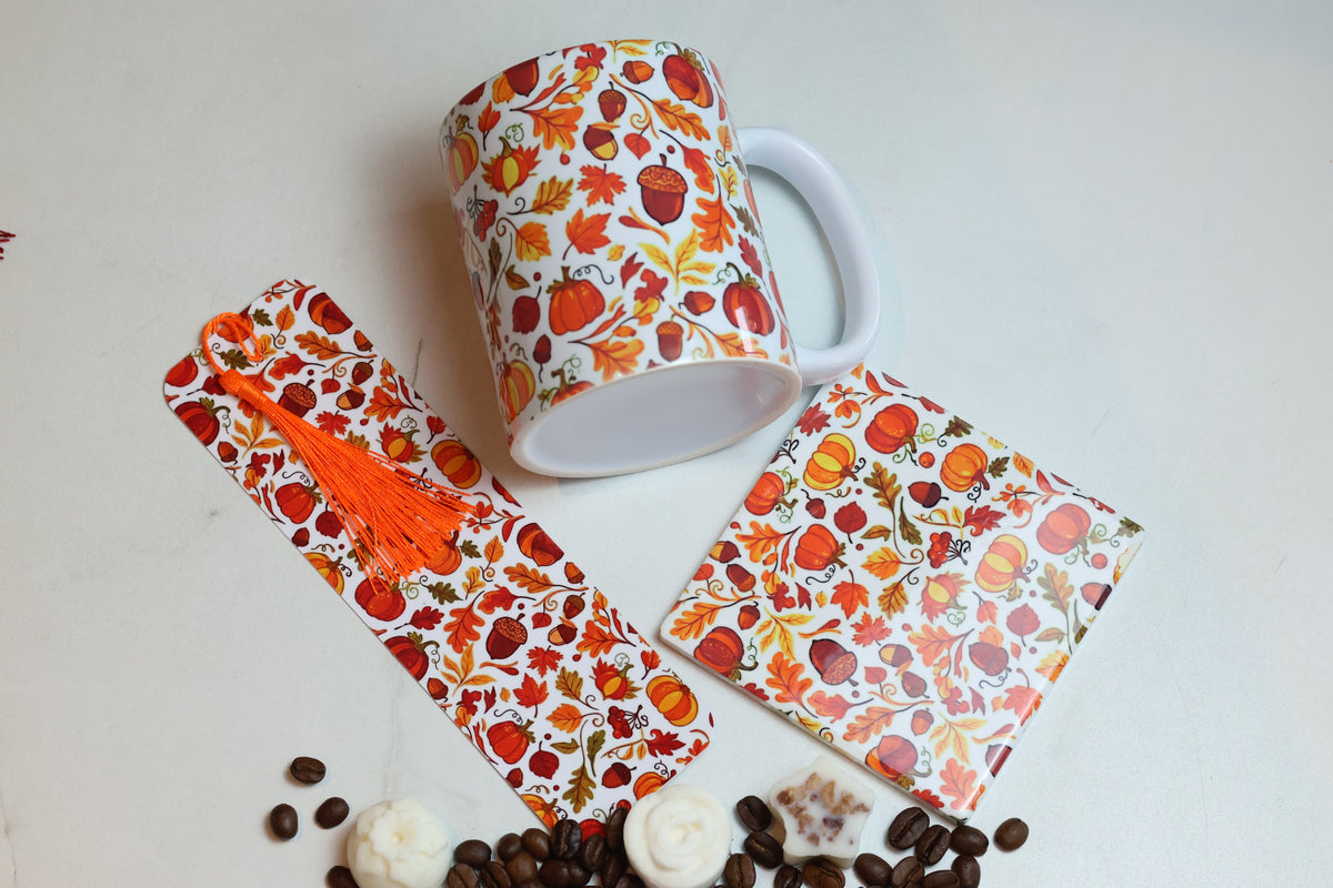 The Autumn Pages Cosy Kit | 12oz Mug, Coaster & Laminated Bookmark Set