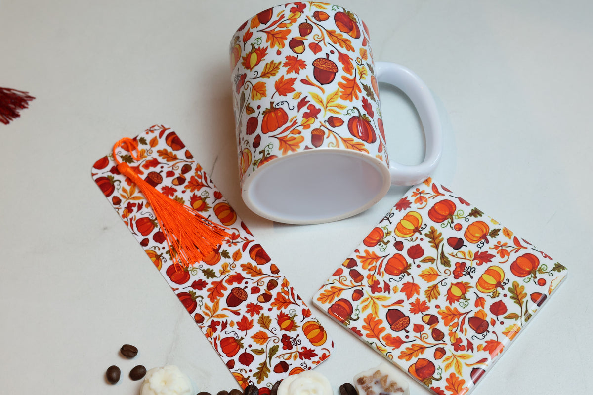 The Autumn Pages Cosy Kit | 12oz Mug, Coaster & Laminated Bookmark Set