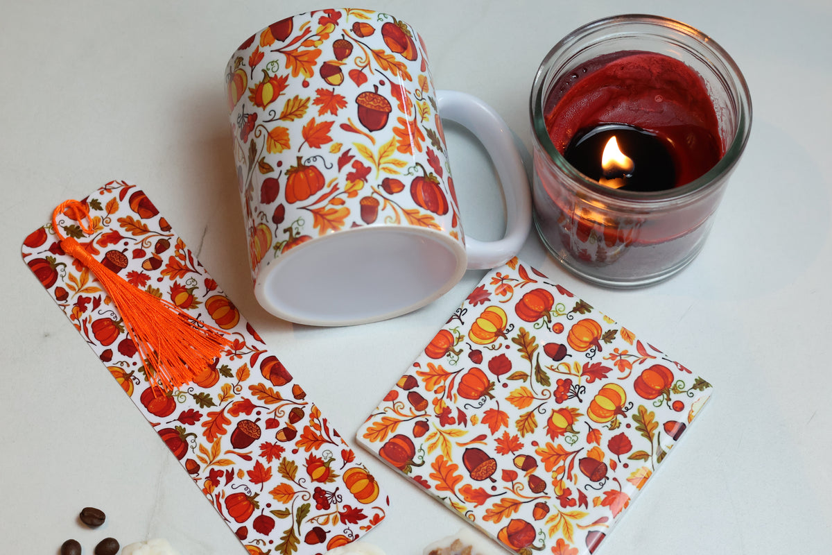 The Autumn Pages Cosy Kit | 12oz Mug, Coaster & Laminated Bookmark Set