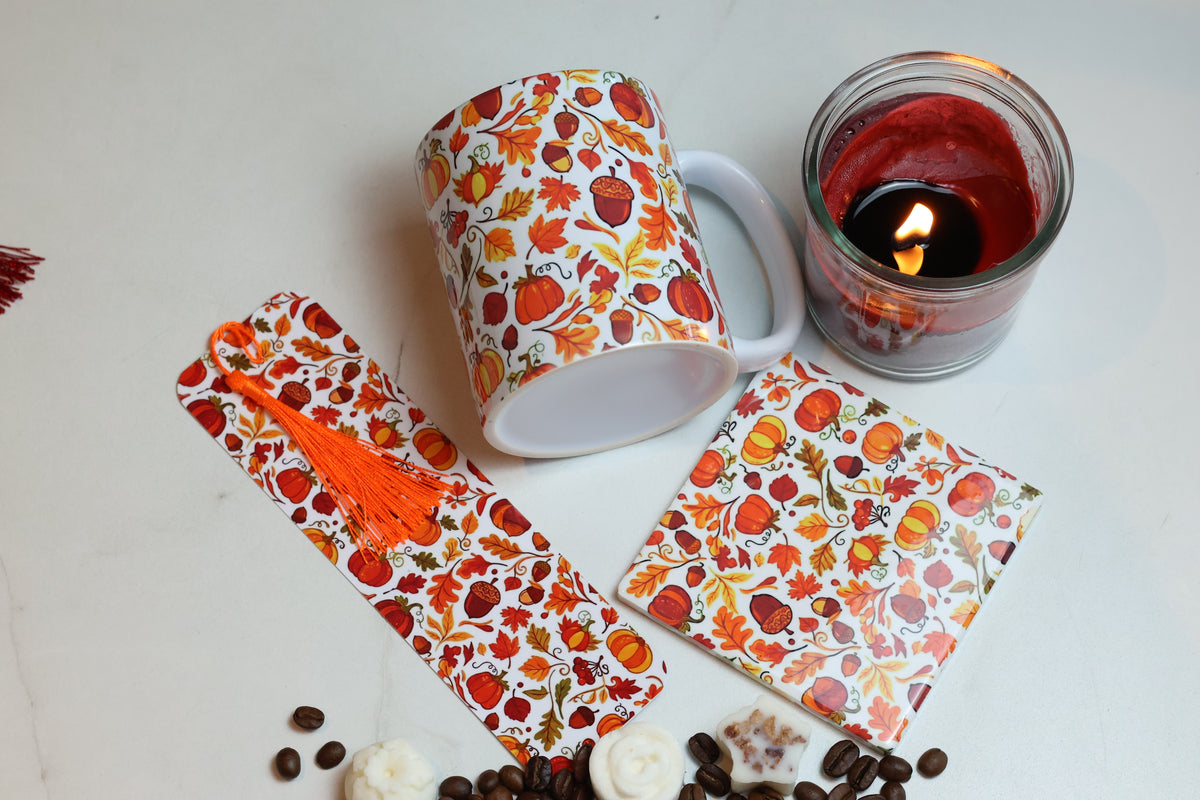 The Autumn Pages Cosy Kit | 12oz Mug, Coaster & Laminated Bookmark Set