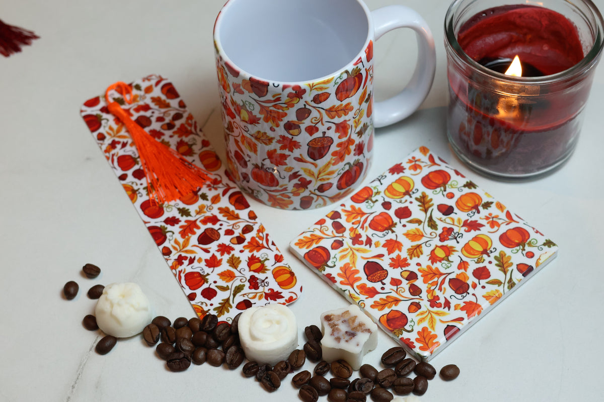 The Autumn Pages Cosy Kit | 12oz Mug, Coaster & Laminated Bookmark Set