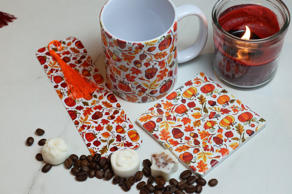 The Autumn Pages Cosy Kit | 12oz Mug, Coaster & Laminated Bookmark Set