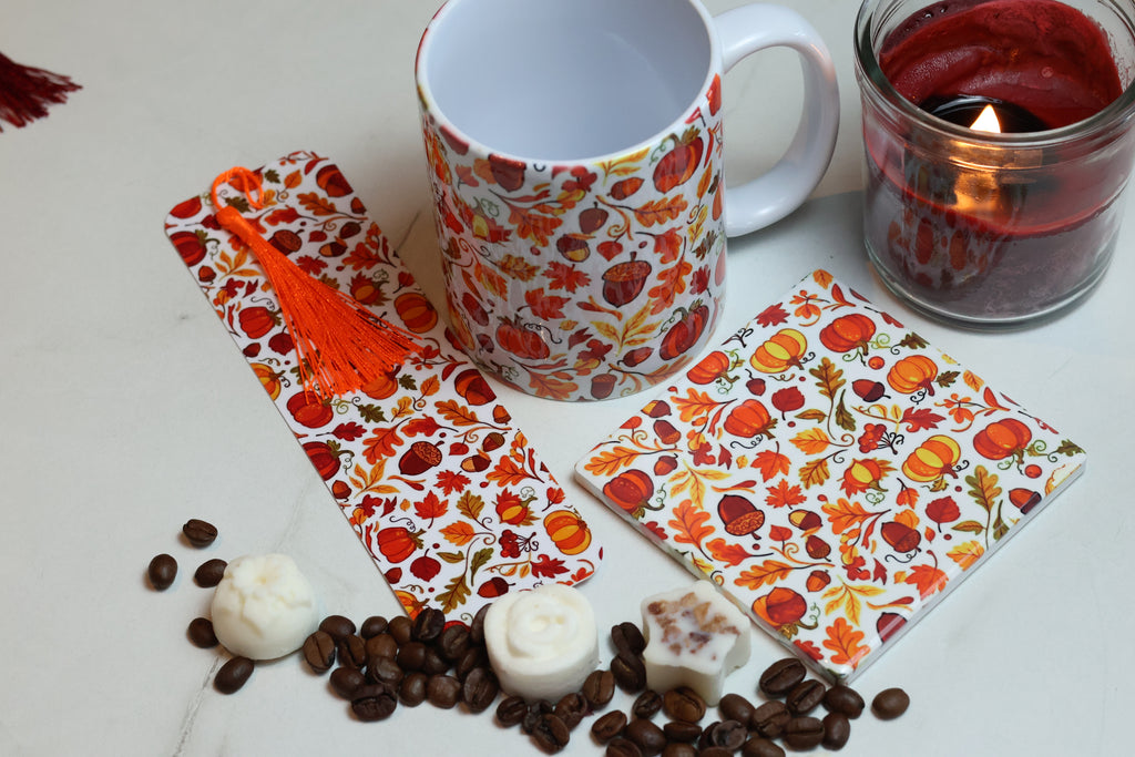 The Autumn Pages Cosy Kit | 12oz Mug, Coaster & Laminated Bookmark Set