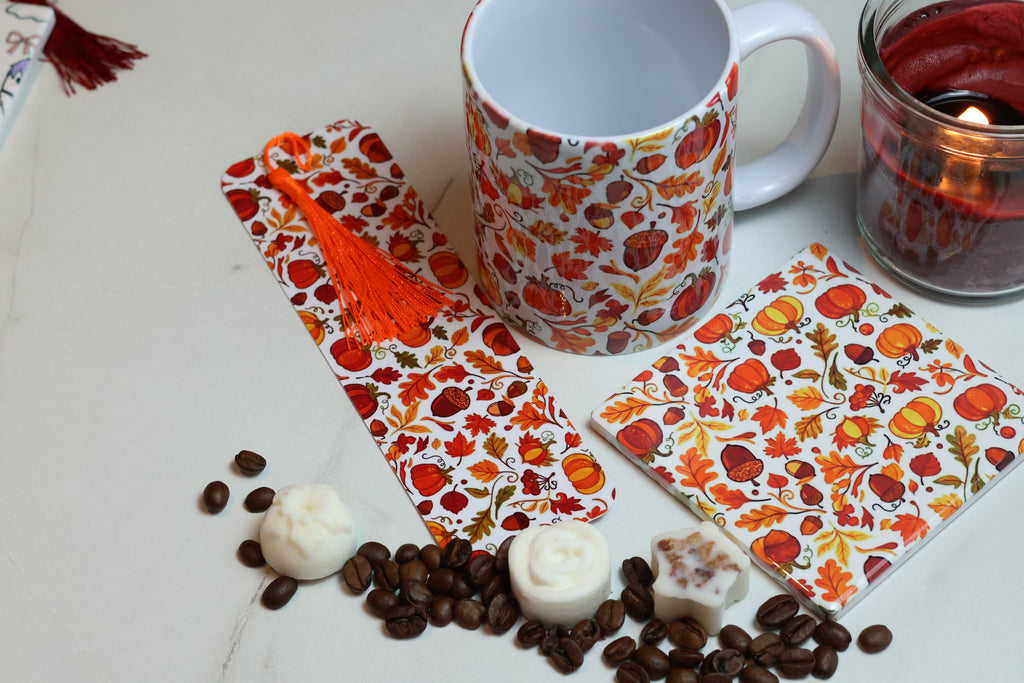 The Autumn Pages Cosy Kit | 12oz Mug, Coaster & Laminated Bookmark Set