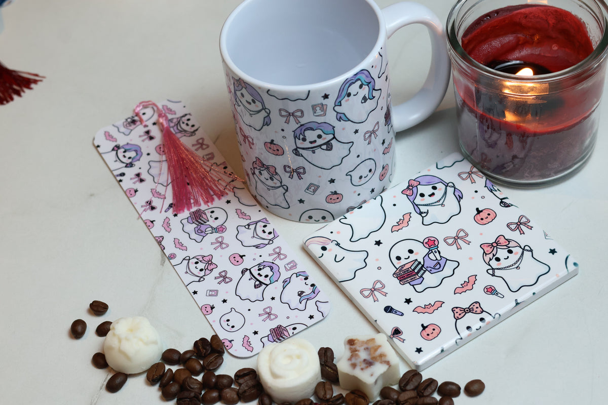 K-Pop Reading Kit | Pastel Ghostie Mug, Coaster & Laminated Bookmark Set