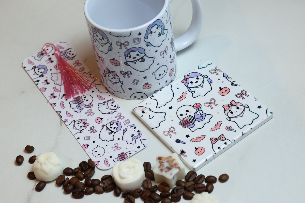 K-Pop Reading Kit | Pastel Ghostie Mug, Coaster & Laminated Bookmark Set