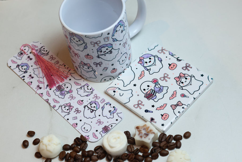 K-Pop Reading Kit | Pastel Ghostie Mug, Coaster & Laminated Bookmark Set