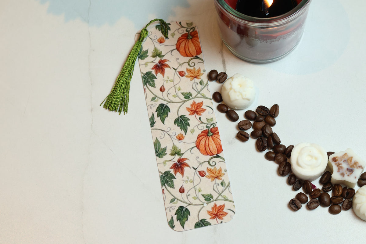 Elegant Pumpkin & Ivy Laminated Bookmark, Botanical Autumn Tasselled Marker