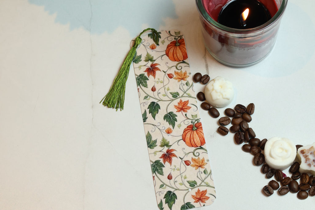 Elegant Pumpkin & Ivy Laminated Bookmark, Botanical Autumn Tasselled Marker